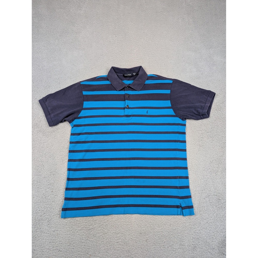 Nautica Polo Shirt Mens Medium Blue Navy Stripe Cotton Casual‎ Short Sleeve